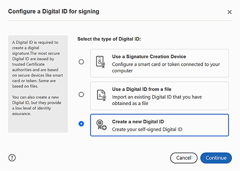 Create a new digital ID and continue button
