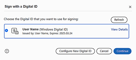 Sign with a Digital ID window, select Digital ID,  click Continue