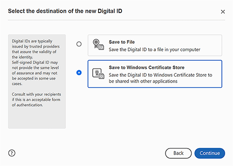 Save to windows certificate store and continue button