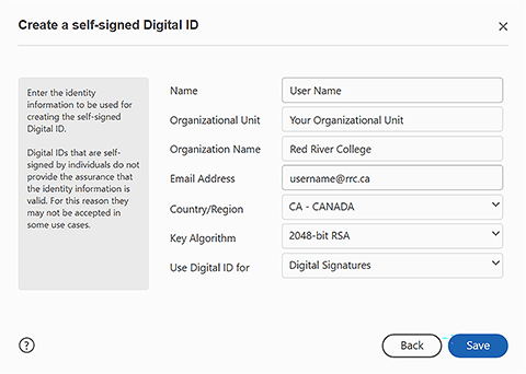 Create self-signed digital ID fields