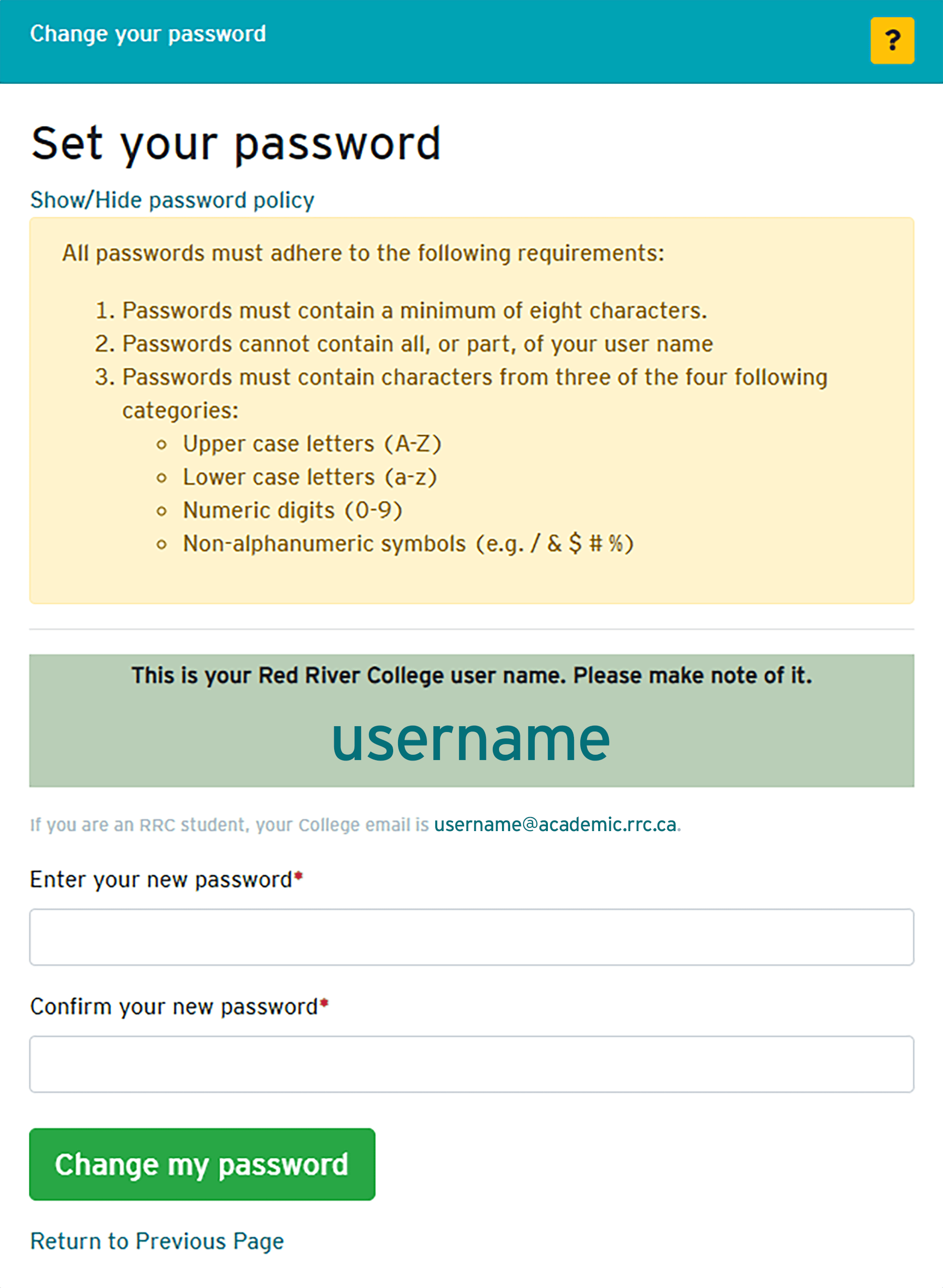 change password policy & user name window