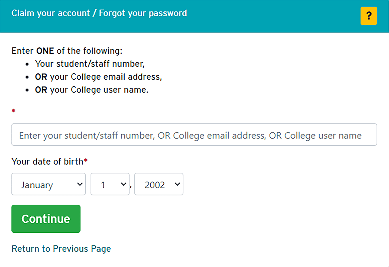 claim account / forgot password window