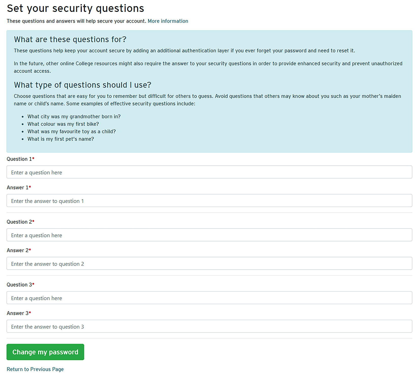 security questions window