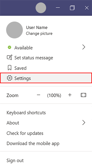 Teams profile icon and Settings option
