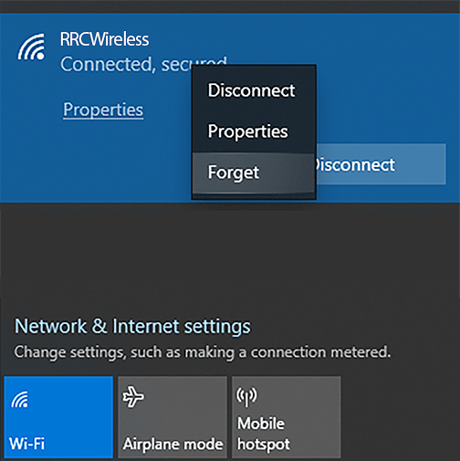 Forget network button Windows 10