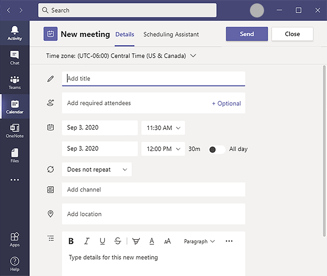 Teams new meeting window and send button