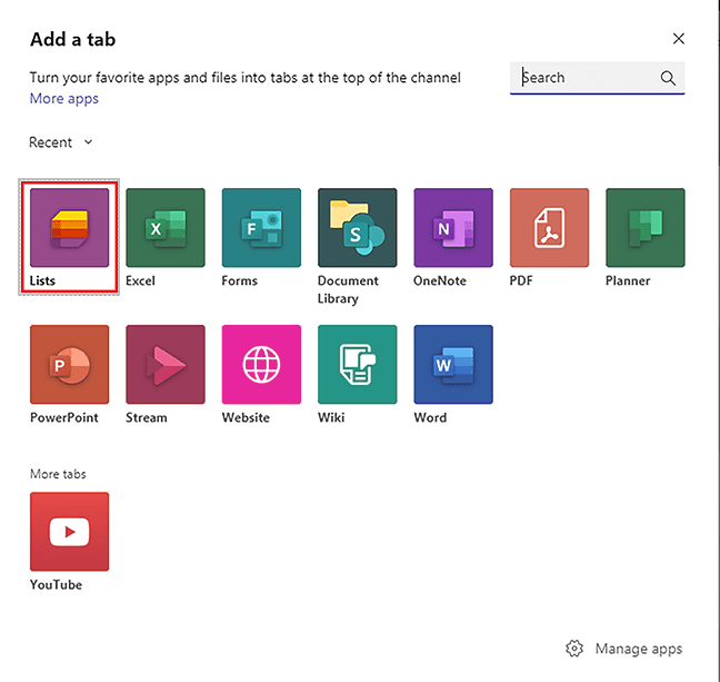 Add a tab window – Lists icon