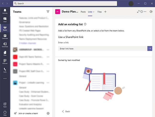 Add an existing list – MS Teams Lists tab