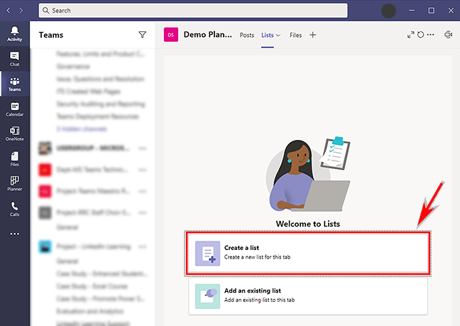 Create a list – MS Teams Lists tab