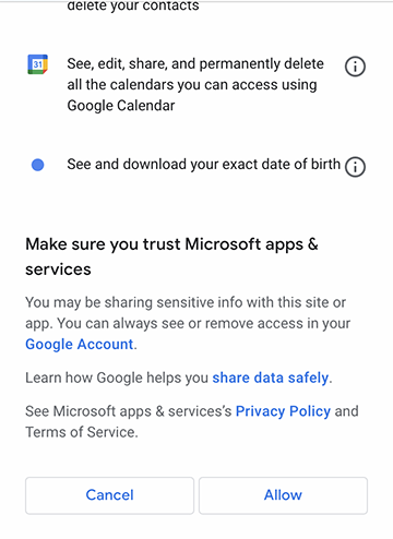 microsoft apps and services scroll down tap allow