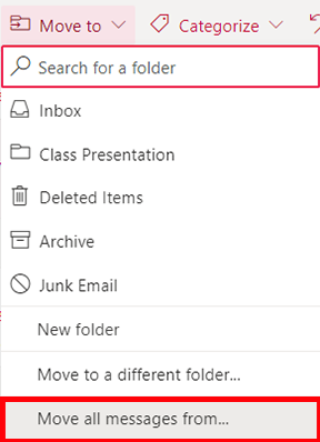 move all messages from the different folder to focused