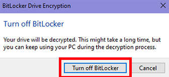 on the bitlocker drive encryption window click turn off bitlocker