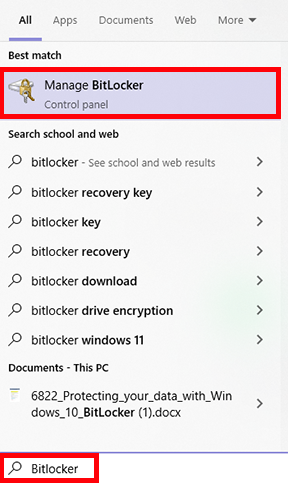search for bitlocker and click manage bitlocker