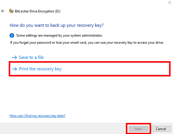 select print the recovery key and click next