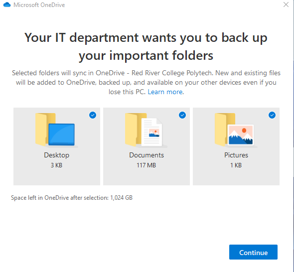 click continue to back up folders