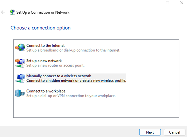 click manually connect to a wireless network and then click next