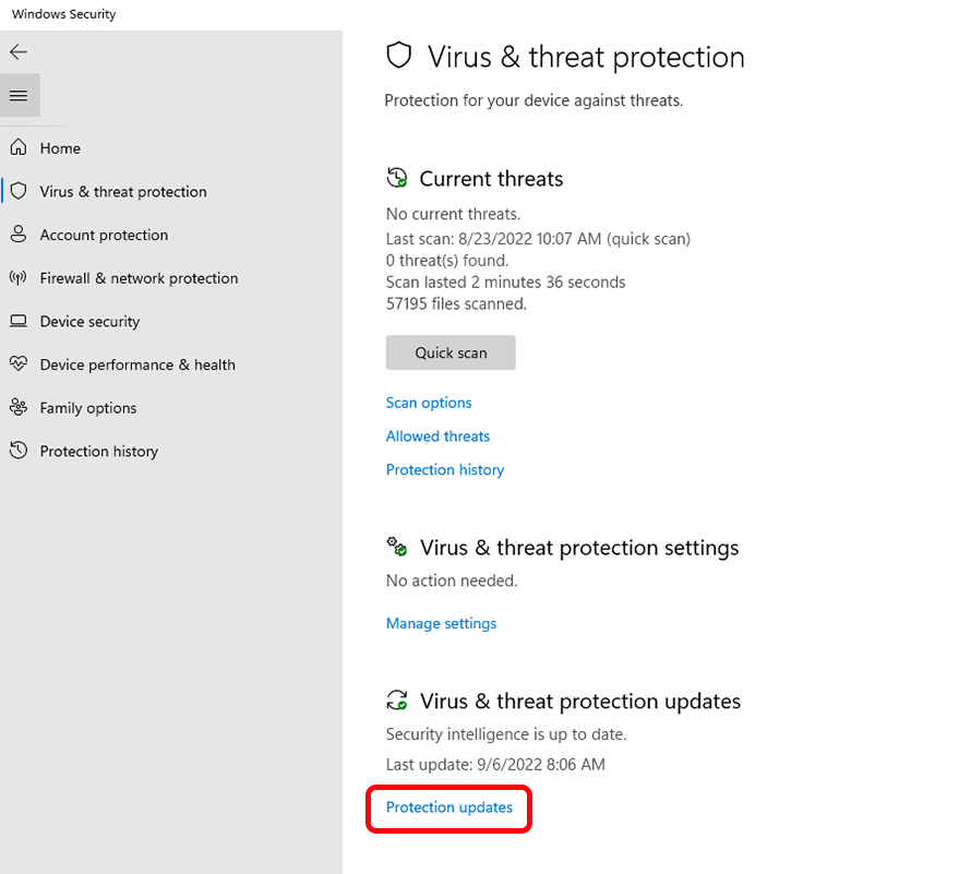 under virus and threat protection updates click protection updates
