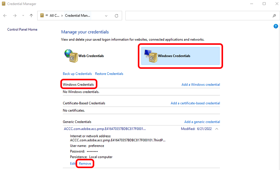 click remove at the item you want to remove under windows credentials