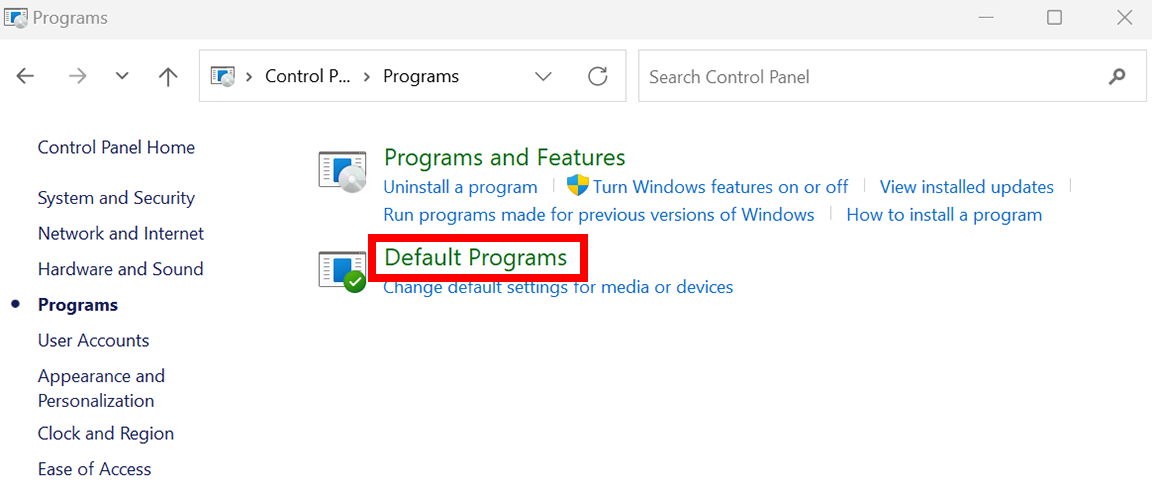 click default programs