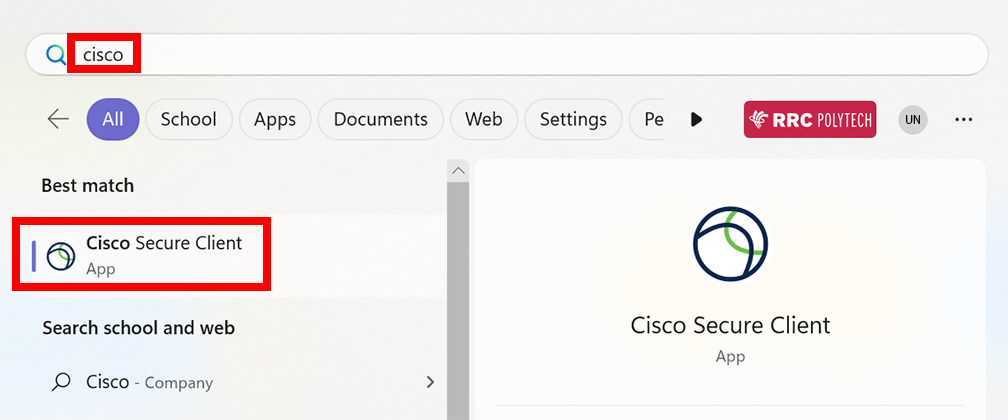 cisco search in windows search box