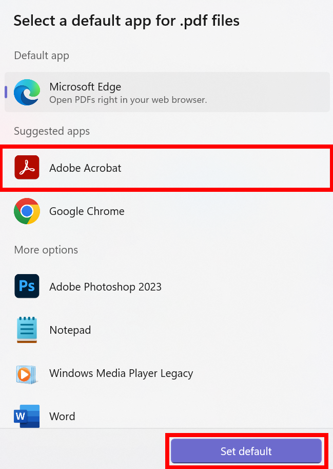 click adobe acrobat and then click set default