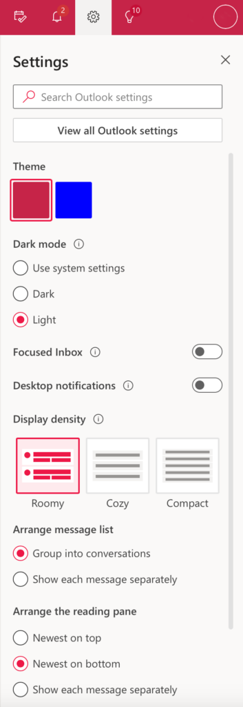 select preferred outlook settings