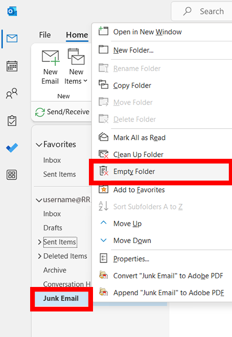 right click junk email and then click empty folder