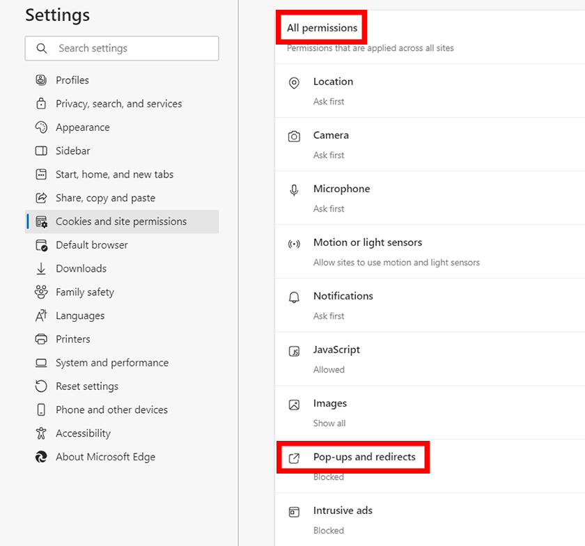 under all permissions click pop ups and redirects