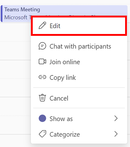 right click the meeting then click edit