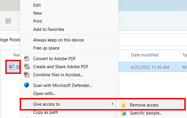 right click file, click give access to and then click remove access