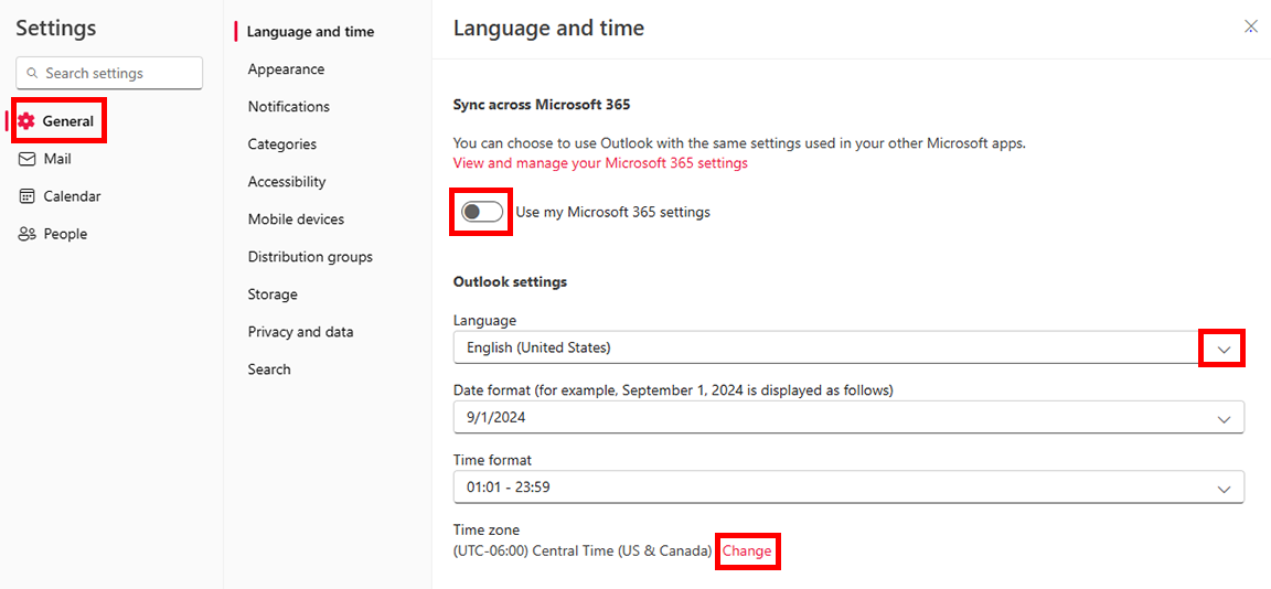 click general use dropdown to change language and the change link to update the time zone