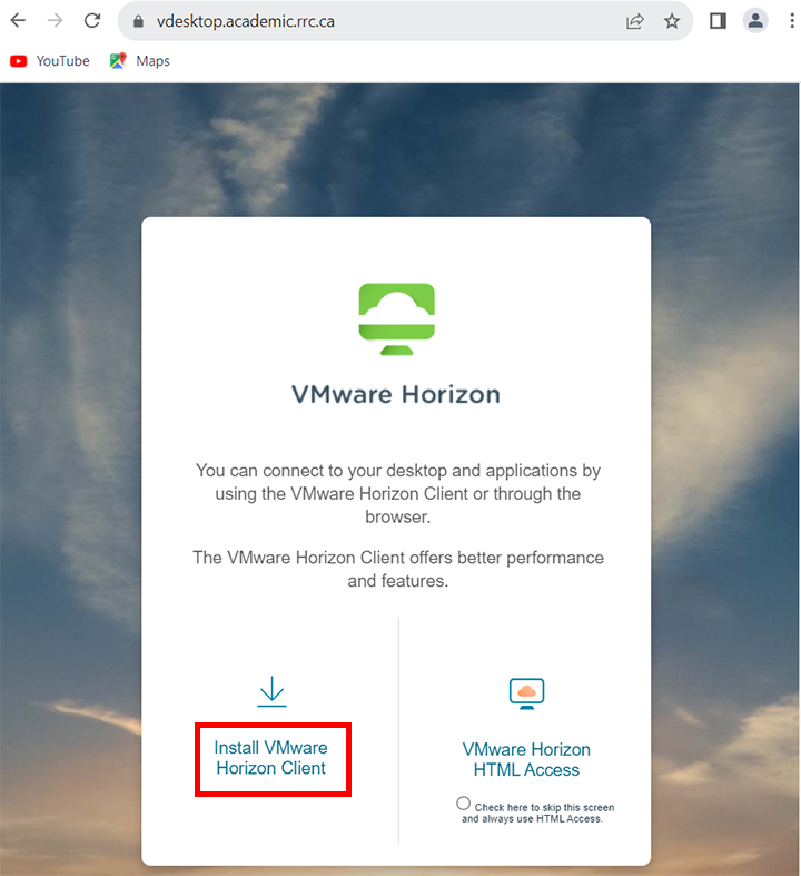 click install vmware horizon client