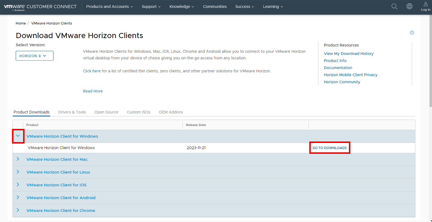 locate vmware horizon client for windows and then click go to downloads