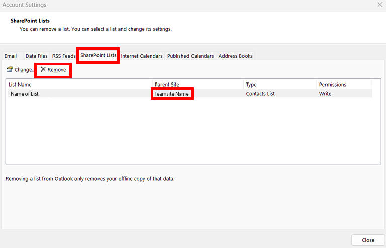 click sharepoint lists tab click the teamsite name and then click remove