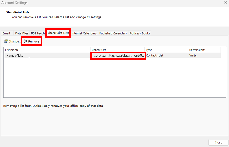 click sharepoint lists tab verify and click the teamsite link and then click remove