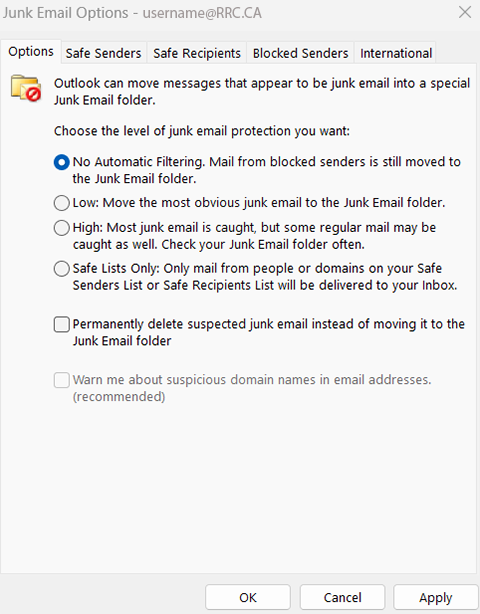 junk email options tabs
