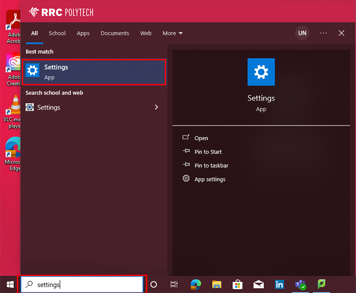 search for settings and click the result