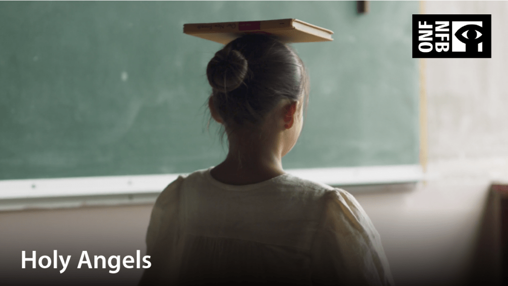 Image of girl balancing a book on her head. Film title: Holy angels