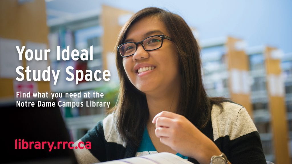 A student studying in the Library. Bookstacks in background. text says, "Your Ideal Study Space: find what you need at the Notre Dame Campus Library."