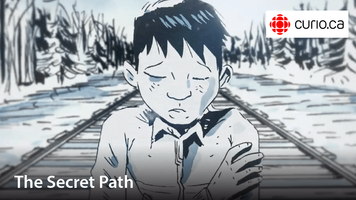 Cartoon image of a boy in the cold. Film title: The secret path