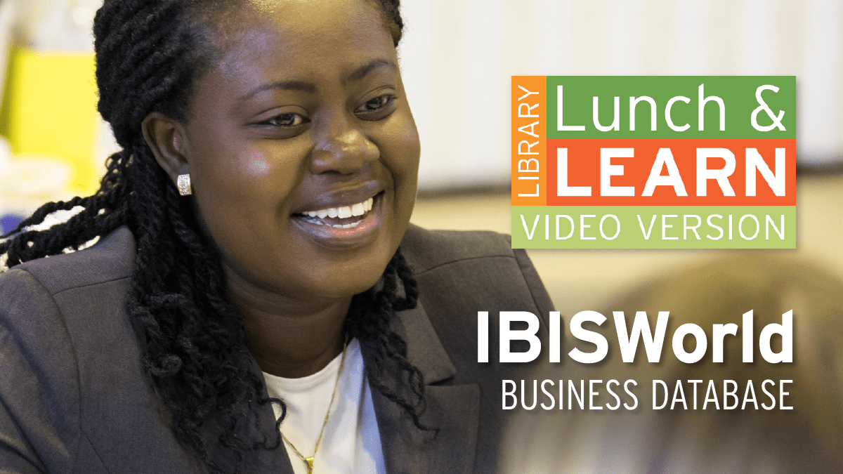 Business student having a conversation. Lunch and Learn logo.Text: IBISWorld - Business Database.