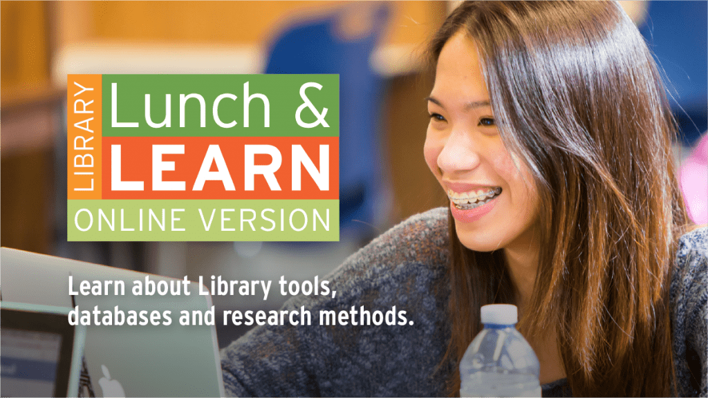 Library Lunch and Learn - Image of smiling student sitting in front of laptop