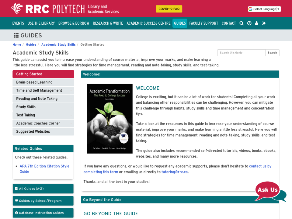 Screenshot Academic Study Skills Guide homepage.