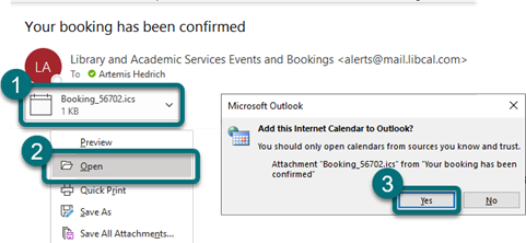 Graphic showing the steps to open an attached .ics calendar file in the 