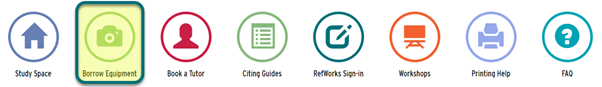 the icon bar from the library.rrc.ca homepage showing the location of the borrow equipment icon.