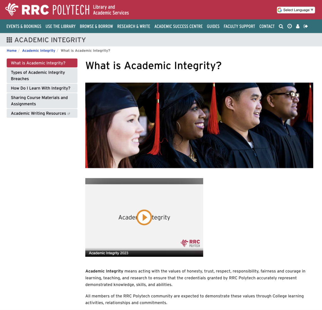 Screenshot of the Academic Integrity page on the Library and Academic Services website.