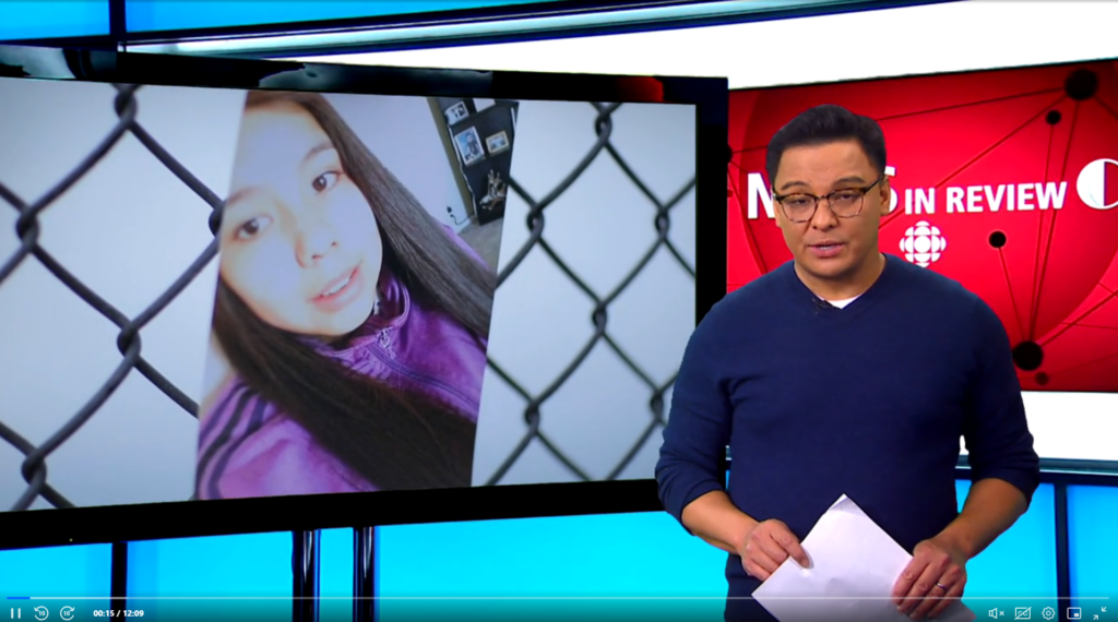 screen capture of the News In Review title on Curio called Tina Fontaine: A Murdered Girl's Legacy. October 2019