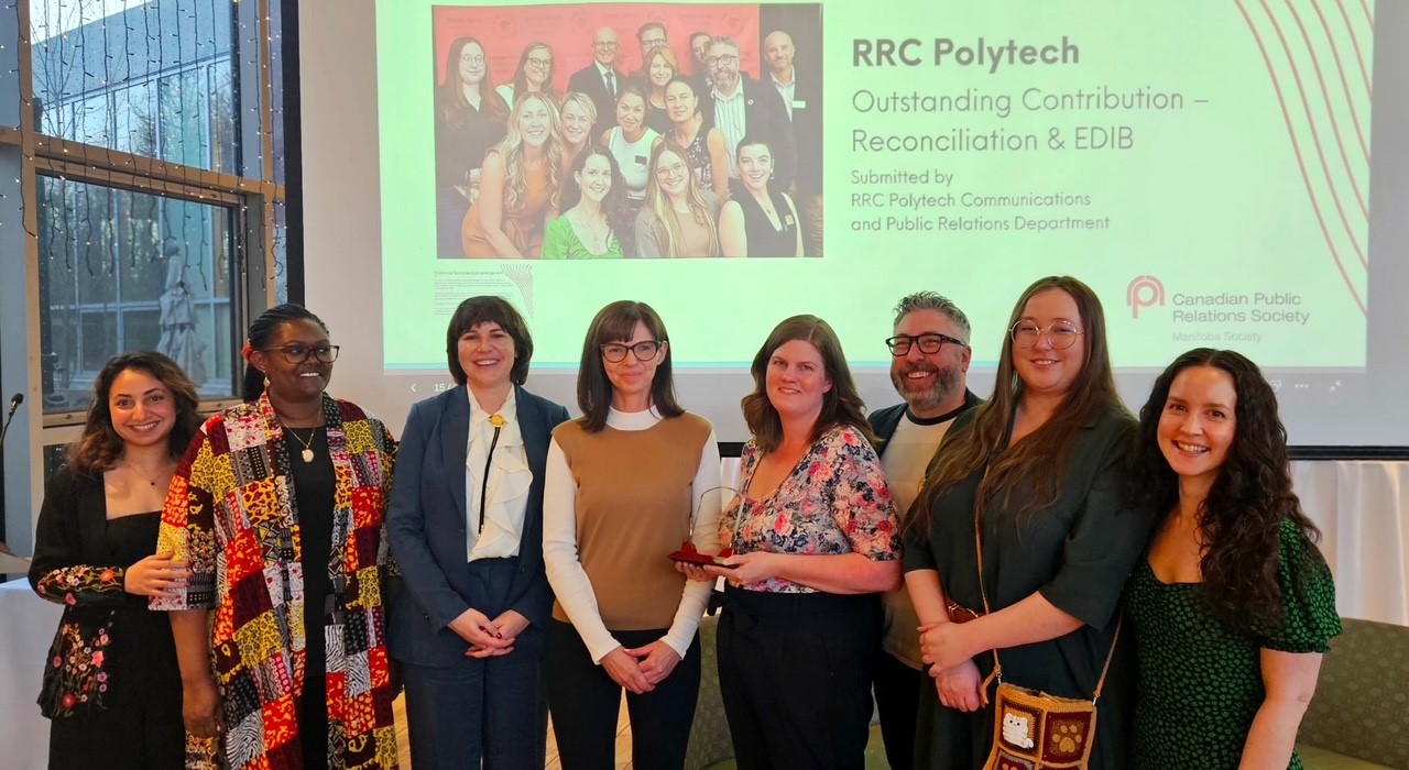 RRC Polytech Communications Team receives award for Outstanding Contribution to Truth and Reconciliation and Equity, Diversity, Inclusion at the Manitoba Communicator of the Year Awards Celebration at the Qualico Family Centre
