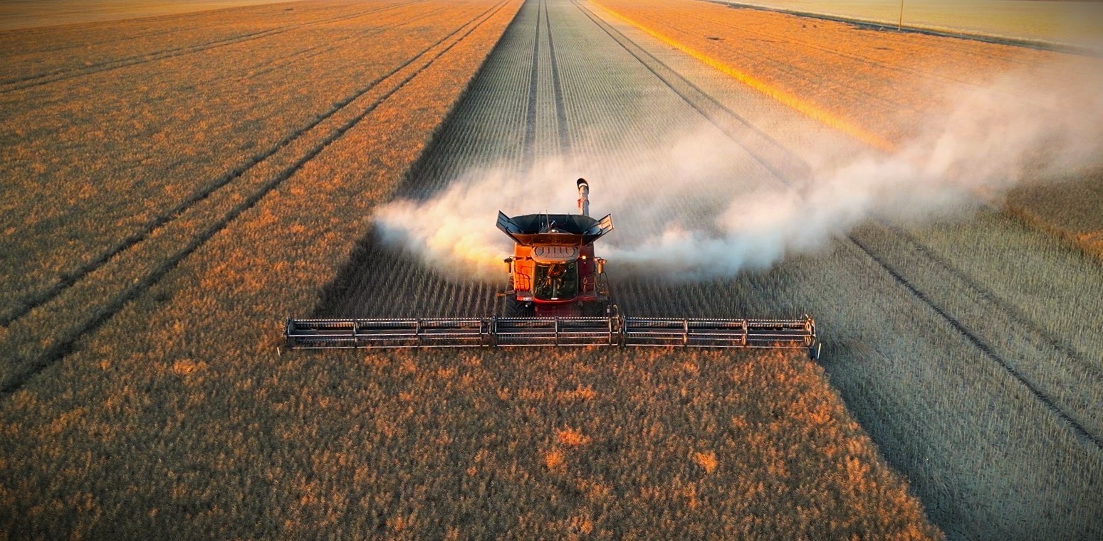 Overhead view of a combine tractor harvesting crops in a field.