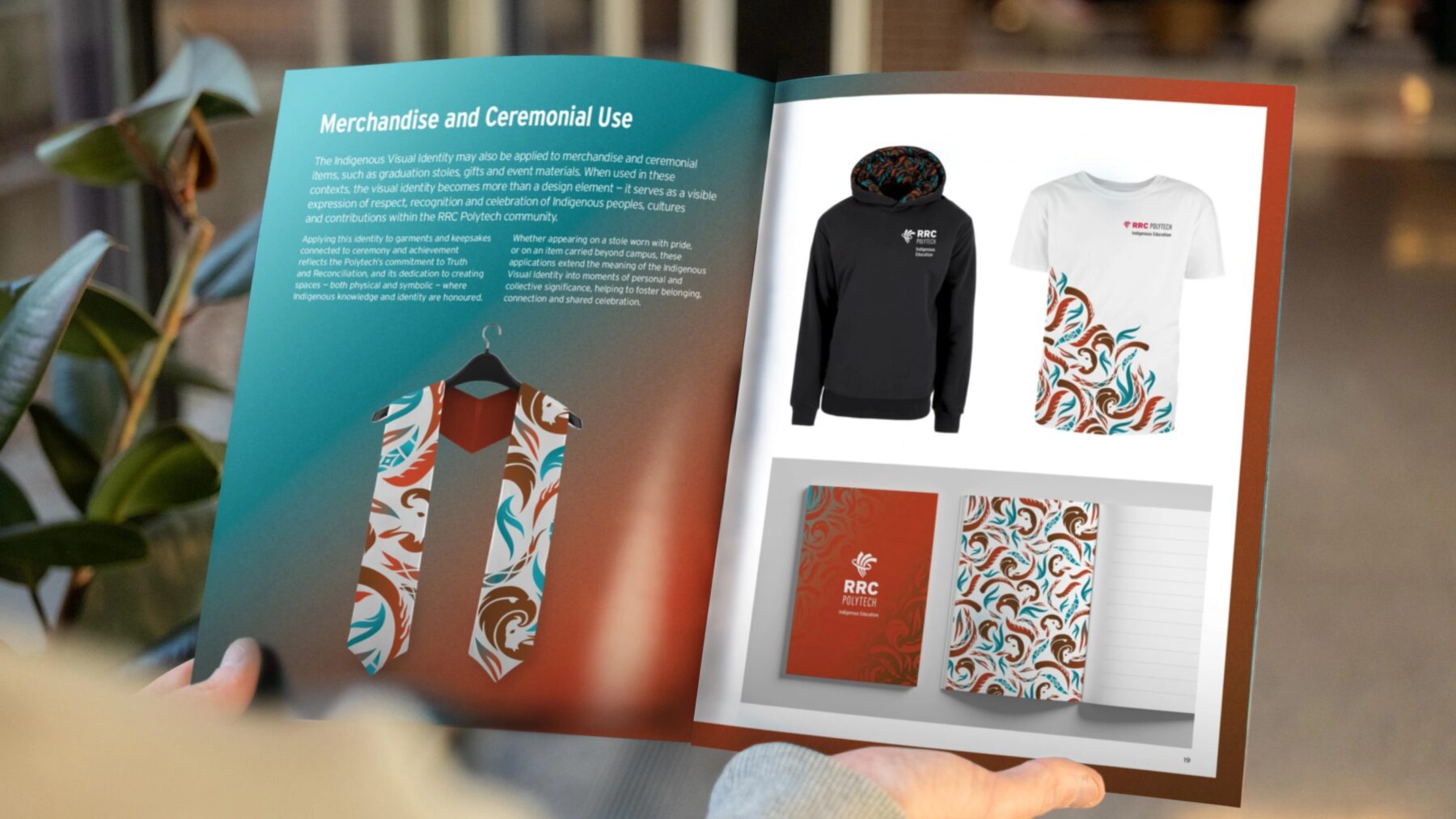 open catalogue displaying items with RRC Polytech's new Indigenous Identity artwork